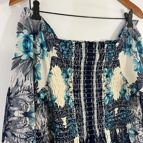 Luxology Dress Blue and White Floral Knee Length Ruched Elastic Chest Lined Poly - Picture 10 of 12